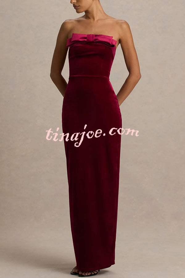 Illusion Velvet Bandeau neck Bow detail Stretch Maxi Dress