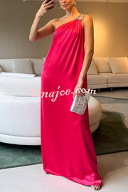 Charming Glance Satin Metal Hardware One Shoulder Loose Maxi Dress