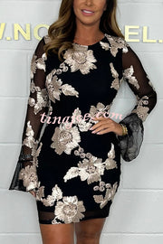 Embroidered Floral Crewneck Long Sleeve Fitted Mini Dress