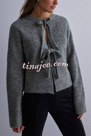 Solid Color Loose Long Sleeve Lace-up Knitted Cardigan