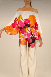 Coco Satin Unique Print Off Shoulder Dolman Sleeve Top and Loose Wide Leg Pants Set