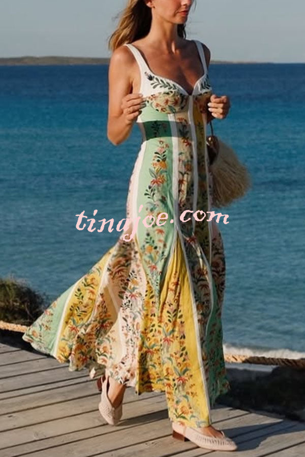 Sweet Garden Linen Blend Color Block Floral Paneled Maxi Dress