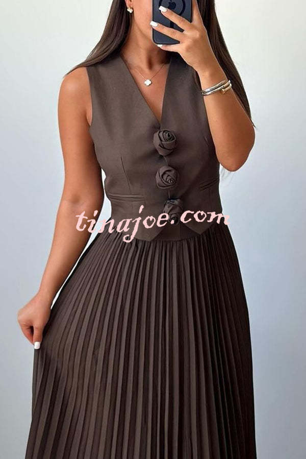 Stylish Rosette Sleeveless Tank Top and Pleated Maxi Skirt Set