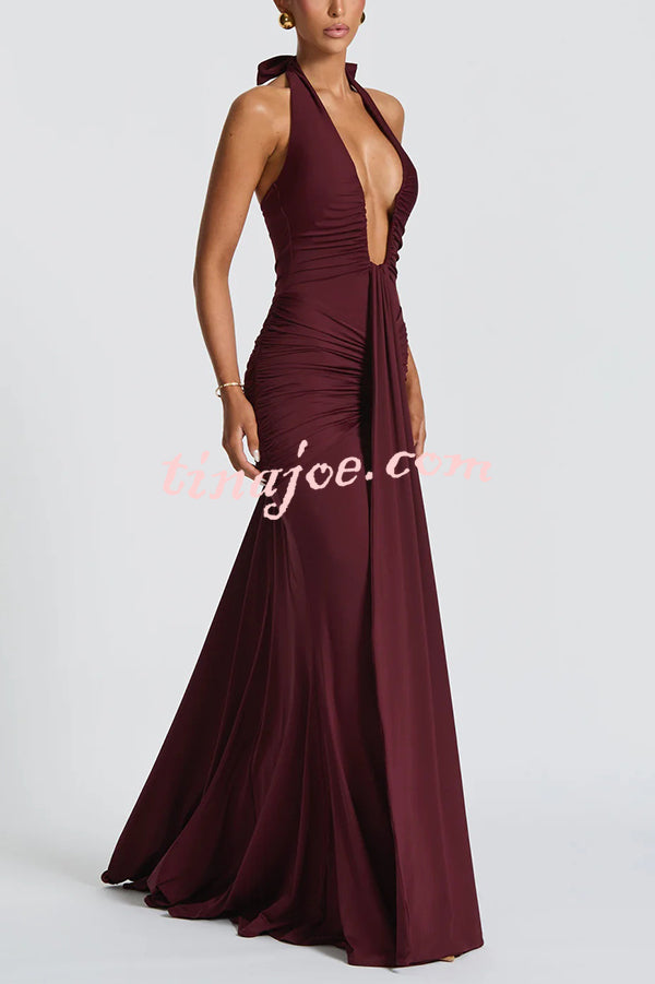 Solid Color Elegant Halterneck V-neck Open Back Tie Gathered Maxi Dress