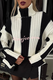 Comfort and Warmth Knit Color Block Long Sleeve Turtleneck Sweater