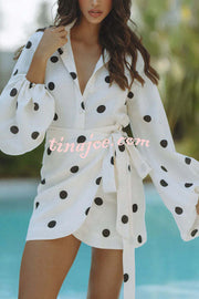 Effortlessly Linen Blend Polka Dot Balloon Sleeve Blouse and Wrap Tie-up Loose Mini Skirt Set