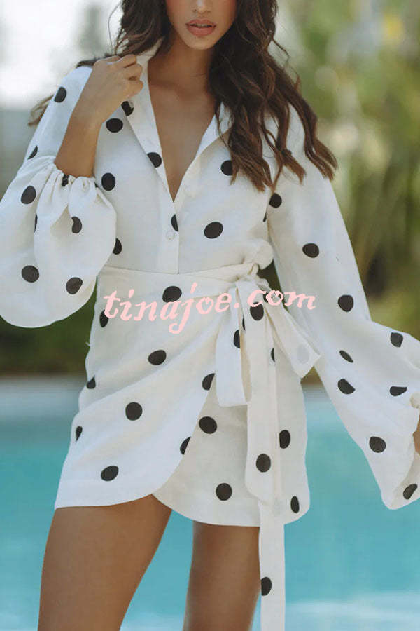 Effortlessly Linen Blend Polka Dot Balloon Sleeve Blouse and Wrap Tie-up Loose Mini Skirt Set