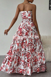 Floral Print Cutout Bandeau Top and Elastic Waist Full Maxi Skirt Set
