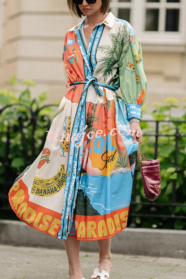 Unique Printed Lantern Sleeve Drawstring Shirt Resort Style Midi Dress