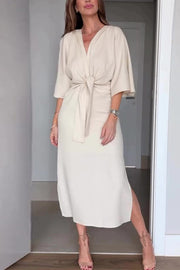 Solid Color V-neck Half-sleeve Casual Waist-tied Midi Dress
