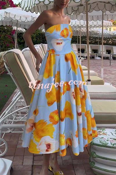 Floral Print Off Shoulder Backless Elegant Midi Dress
