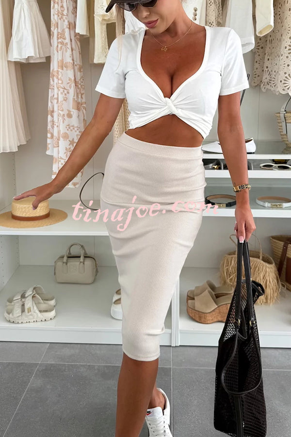Perfect Basics Ribbed Knit Elastic Waistband Stretch Midi Skirt