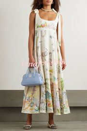 Euro Summer View Linen Blend Unique Print Tie-up Straps Pocket Midi Dress