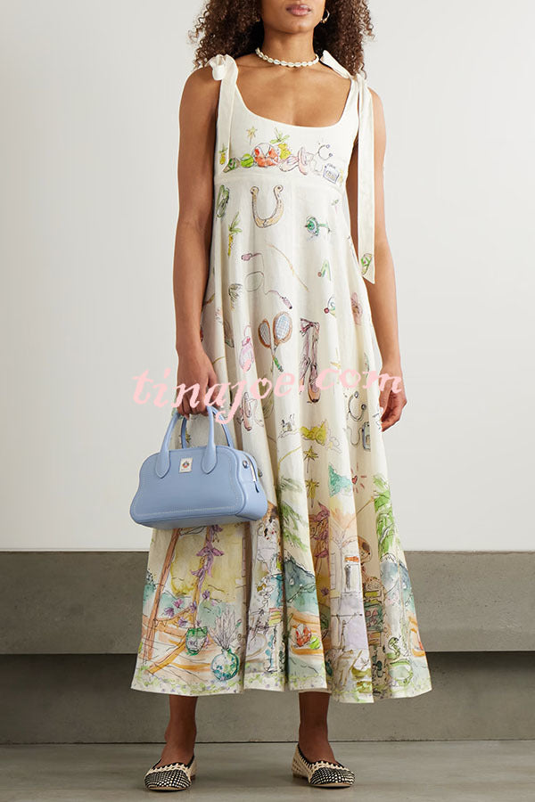 Euro Summer View Linen Blend Unique Print Tie-up Straps Pocket Midi Dress