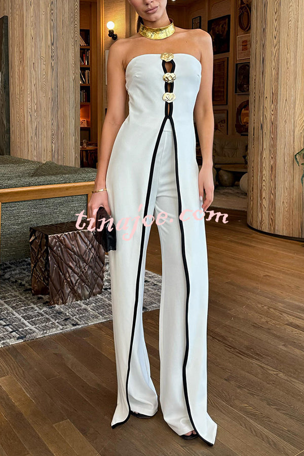 Fashionable Contrast Color Off-shoulder Metal Decoration Casual Elegant Jumpsuit