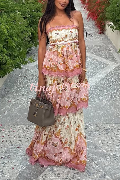 Charming Smile Floral Print Scalloped Lace-trim Back Tie-up Tiered Maxi Dress