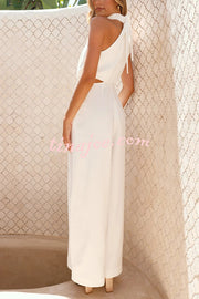 Solid Color Resort Style Halter Neck Waist Pocket Wide Leg Jumpsuit