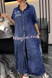 Fashion Letter Print Lapel Cardigan Loose Maxi Dress