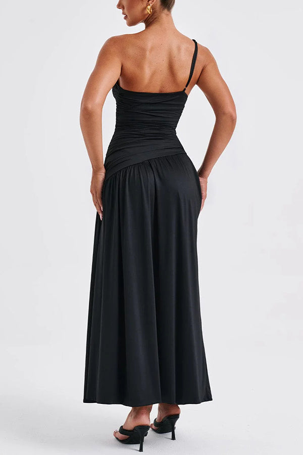 Sexy One-shoulder Strap Gathered Slim Fit Slit Maxi Dress