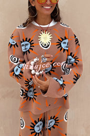 Mediterranean Art Knit Unique Sun Vortex Print Long Sleeve Relaxed Sweater