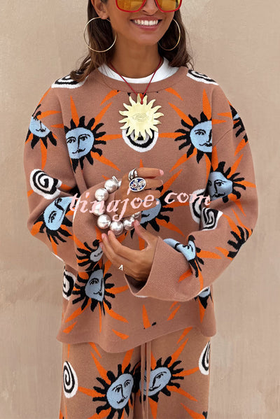Mediterranean Art Knit Unique Sun Vortex Print Long Sleeve Relaxed Sweater