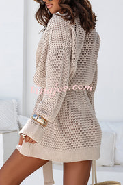Solid Color Hollow Long Sleeve Loose Waist Tie Knitted Cardigan