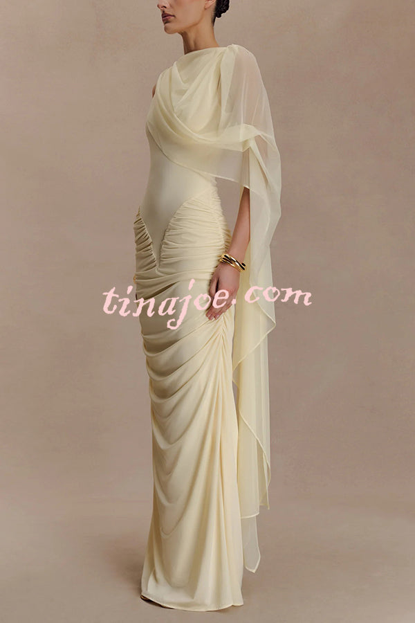 Fashionable Mesh Shawl Sleeveless Slim Fit Pleated Maxi Dress