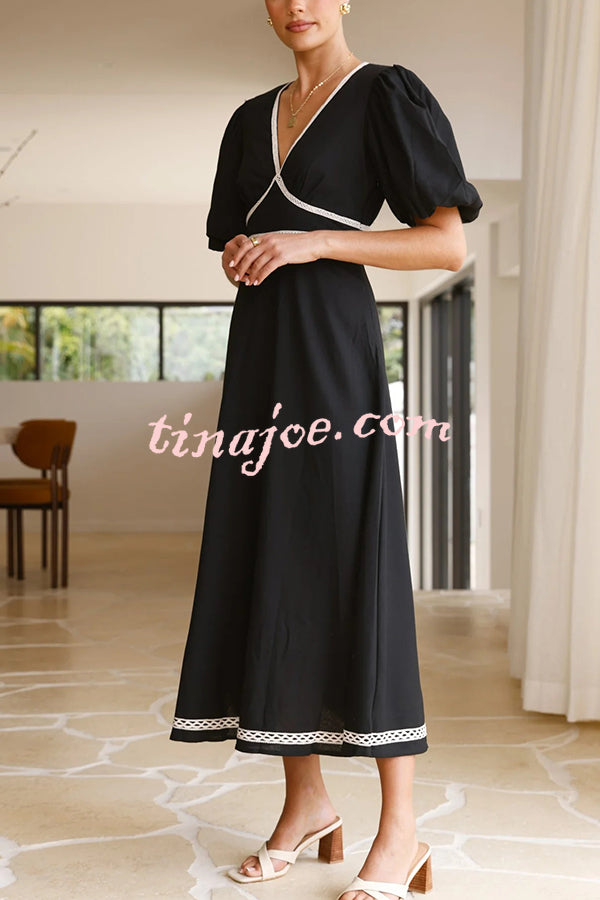 Fashionable Contrasting Color Edge V-neck Puff Sleeve Midi Dress