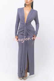 Solid Color Shiny Sexy V-neck Long Sleeve Ribbon Slit Slim Fit Maxi Dress