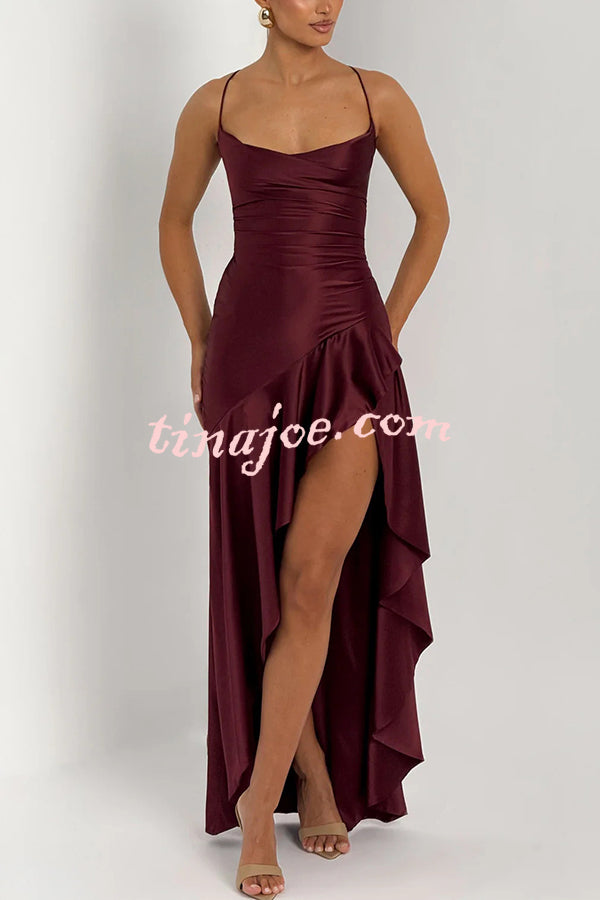 Solid Color Sexy Backless Lace-up Irregular Ruffled Maxi Dress