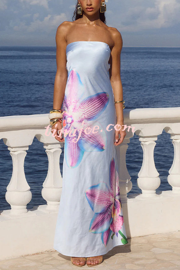 Floral Print Sexy Strapless Backless Holiday Maxi Dress
