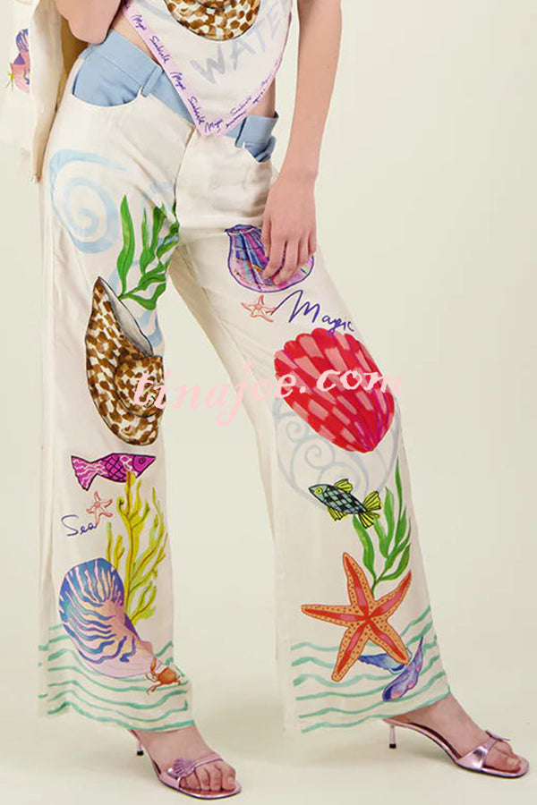 Dream Ocean Satin Unique Print Back Elastic Waist Pocketed Wide Leg Pants