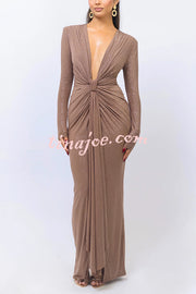 Solid Color Shiny Sexy V-neck Long Sleeve Ribbon Slit Slim Fit Maxi Dress