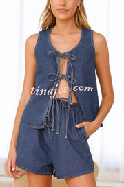 Solid Color Sleeveless Tie Top and Elastic Waist Loose Pocket Denim Shorts Set