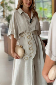 Solid Color Lapel Pocket Pattern Lace-up Loose Maxi Dress