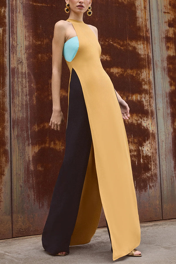 Fashionable Contrast Color Stitching Sleeveless Slim Maxi Dress