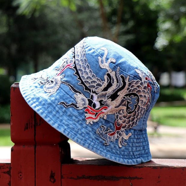 Fashionable Ethnic Style Embroidered Denim Bucket Hat