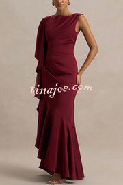 Freya Satin Boat Neck Waterfall Frill Sleeve Drape Maxi Dress