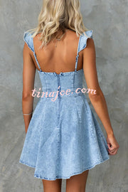 Sweet Secret Denim Square Neck Ruffle Sleeve Stretch Mini Dress