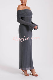 Sexy Shiny Off-The-Shoulder Long-Sleeved Fitted Maxi Dress