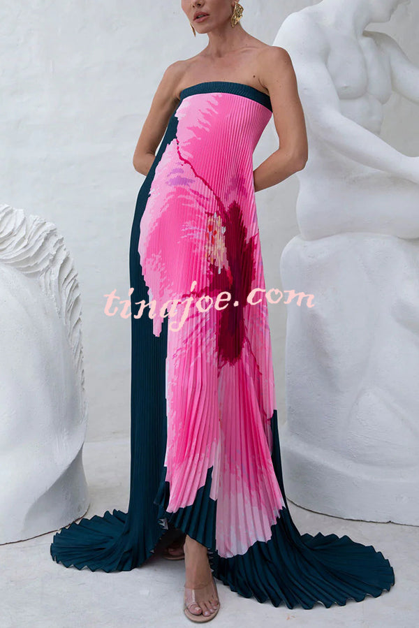All about Her Pleated Floral Print Off Shoulder A-line Maxi Dress