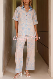 Linen Blend Lapel Puff Sleeve Loose Shirt and Casual Pocket Straight Pants Set