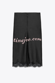 Dolly Satin Lace Trim Mid Rise Slit Drape Midi Skirt