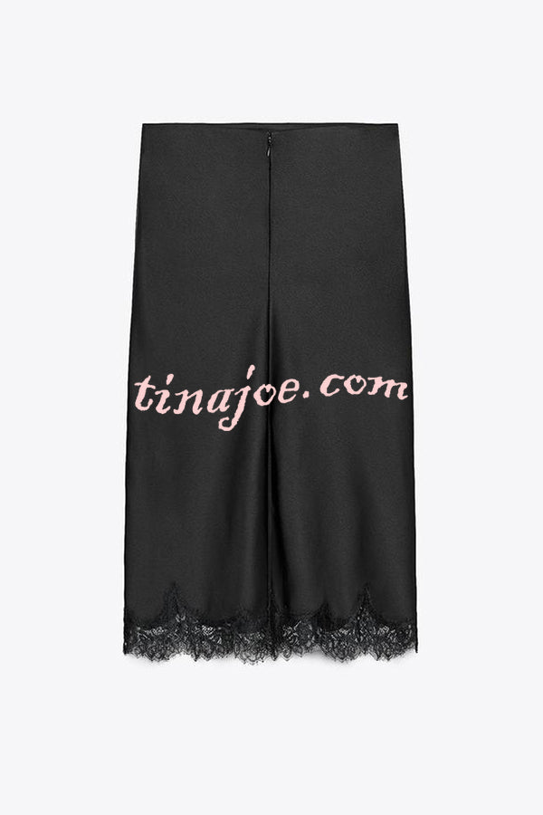 Dolly Satin Lace Trim Mid Rise Slit Drape Midi Skirt