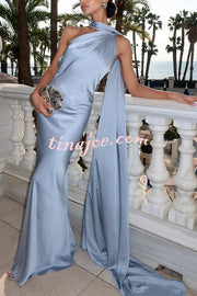 Crush on You Satin One Shoulder Backless Cape Maxi Dress