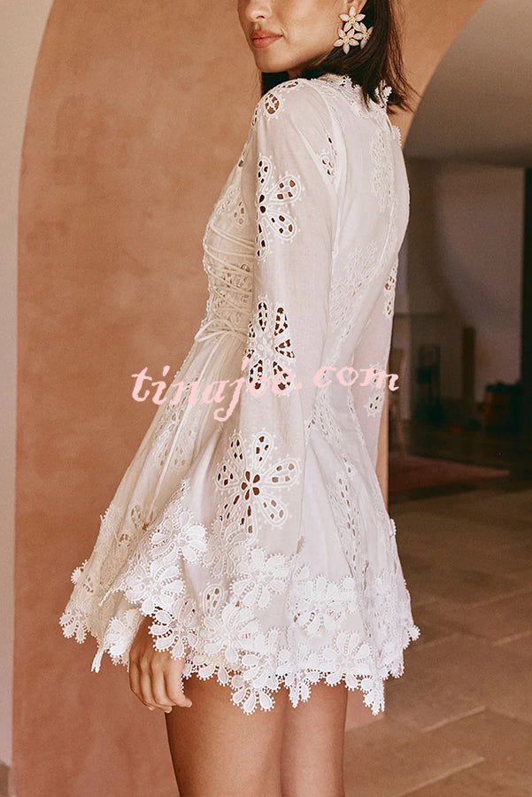 Diaz Embroidery Hollow Fabric Delicate Flower Trim Long Sleeve Side Lace-up Mini Dress