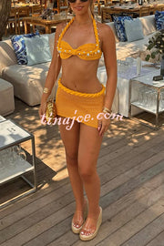 Sexy Halterneck Pearl-embellished Lace-up Tank and Fitted Knit Mini Skirt Set