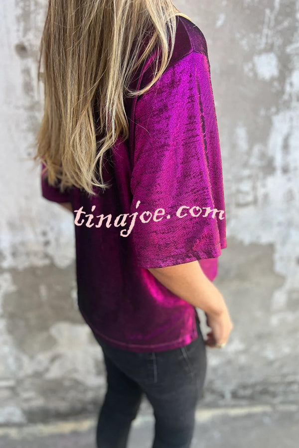 Metallic Solid Color Round Neck Short-sleeved Loose T-shirt