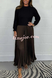 Stylish Knitted Round Neck Long Sleeve Patchwork Pleated Hem Maxi Dress