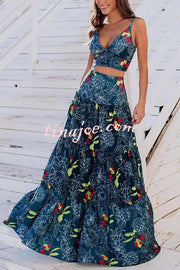 Unique Printed Suspenders Top and Loose Paneled Beach Maxi Skirt Set